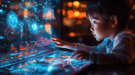 A child in a futuristic classroom using an AI-powered tablet that adapts lessons to their individual learning style, with holographic 3D models illustrating complex topics. The personalized 