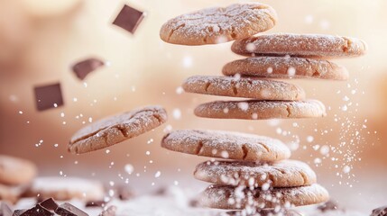Delightful cookies in various shapes cascade down, surrounded by a playful dusting of powdered sugar and scattered chocolate chunks, creating a joyful and whimsical atmosphere.