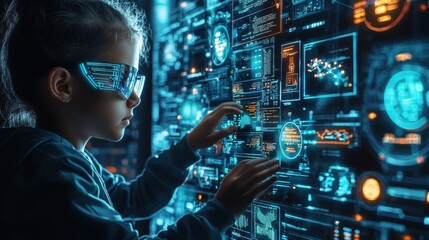 A child in a futuristic classroom using an AI-powered tablet that adapts lessons to their individual learning style, with holographic 3D models illustrating complex topics. The personalized 