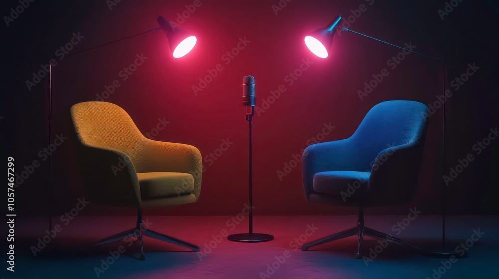 Poster two stylish chairs with lamps and a microphone, suggesting a conversation or interview setup.