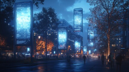 Obraz premium A cityscape at night with smart lampposts projecting real-time data, such as air quality and temperature, onto holographic displays. The illuminated data creates an informative atmosphere, turning 