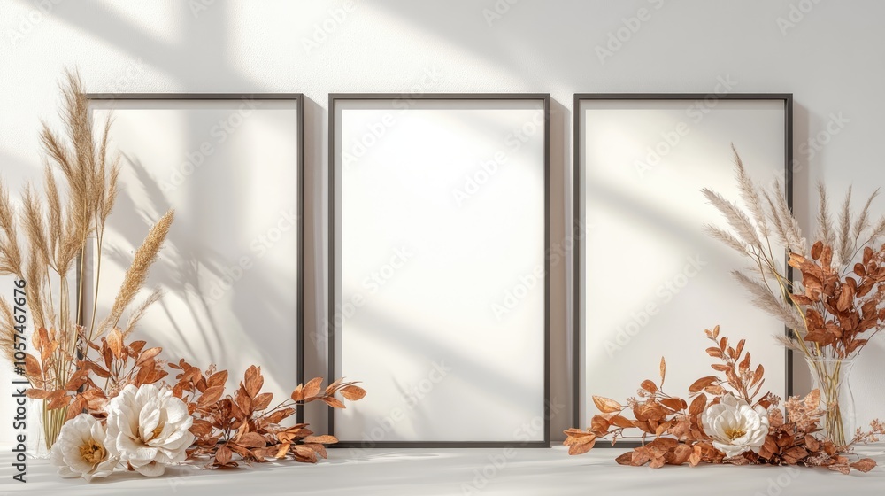 Poster three frame mockup showcasing a front view with decorative elements flowers and an empty area for te