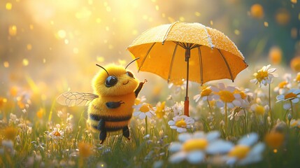 Cute cartoon bee with umbrella in flower blooming meadow, spring summer time. World Bee Day or ecology environmental protection concept illustration, anime manga aesthetic style 3d digital fantasy art