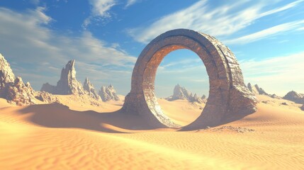 Desert portal world gateway archway among dunes entrance to the skies