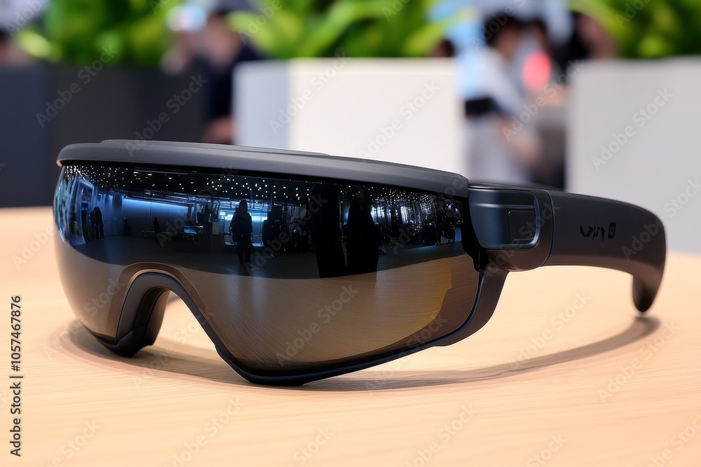 Poster smart protective eyewear with augmented reality display, showing safety alerts in real-time for an i
