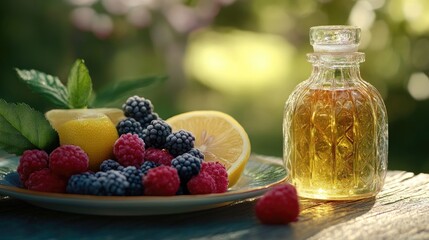 Fresh berries and lemon arranged on a plate beside a glass bottle filled with golden liquid on a sunlit table