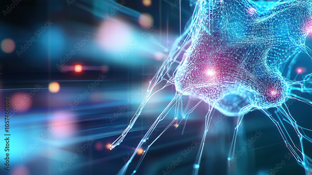 Poster modern digital representation of interconnected nodes and networks, showcasing significance of technology and data flow in vibrant, abstract style