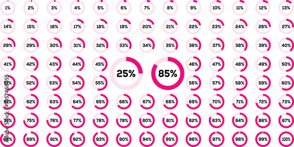 Poster circle progress bar set with percentage text from 0 to 100 percent for infographics. circle percenta