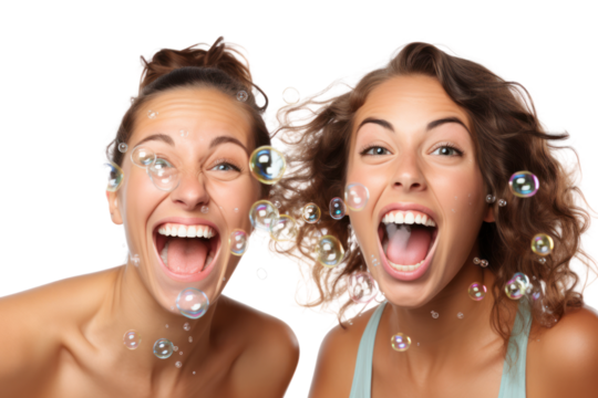 Two women with joyful expressions playfully blowing bubbles together isolated on white background