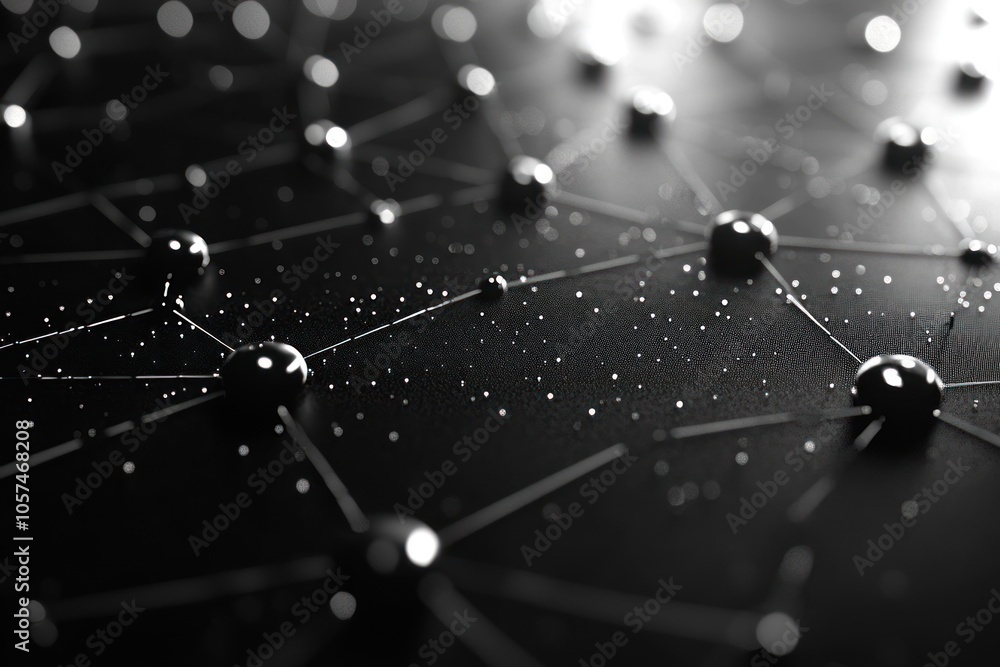 Poster a close-up of interconnected nodes and lines on a dark surface, suggesting networks and technology.