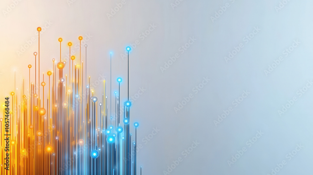 Poster digital abstract background with vibrant orange and blue lines and dots, representing technology and