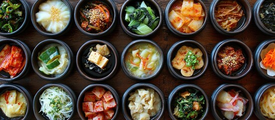Many Kinds Of South Korea Side Dish Are Served On Table They Are Consisted With Many Small Bowls Of Fermented Vegetables Tofu And Another Traditional Raw Material