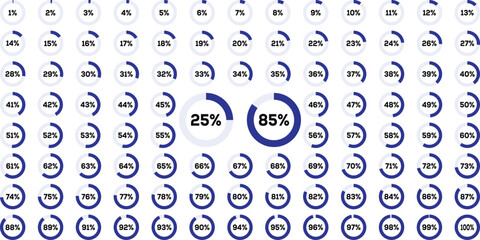 Ring percentage diagram. Circle percentage diagrams from 0 to 100.  Progress bar Vector illustration. Circle progress bar set with percentage text from 0 to 100 percent for infographics. 