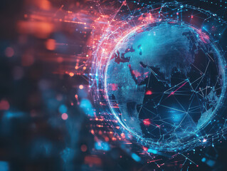 A glowing blue and red digital globe surrounded by connecting lines and dots, representing the interconnectedness of the world.