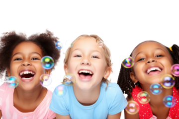 Three friends with radiant smiles blowing bubbles in the air, creating a joyful atmosphere isolated on white background
