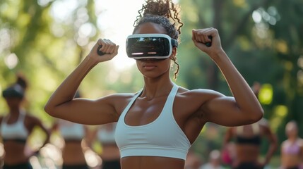A fitness trainer using augmented reality glasses to lead a workout session in a public park, with virtual health metrics displayed in real-time for each participant. The blend of outdoor fitness 