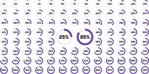 Progress bar Vector illustration. Circle percentage diagrams from 0 to 100. Circle progress bar set with percentage text from 0 to 100 percent. Infographics 0 10 20 30 40 50 60 70 80 90 100 percent