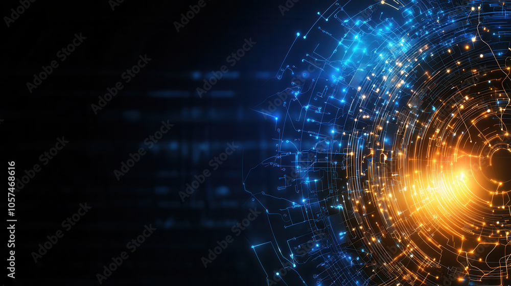 Poster digital abstract background featuring glowing blue and orange circular patterns, representing techno