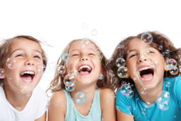 Three friends with radiant smiles blowing bubbles in the air, creating a joyful atmosphere isolated on white background