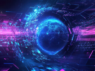 Abstract digital art with a glowing blue and pink globe in the center.