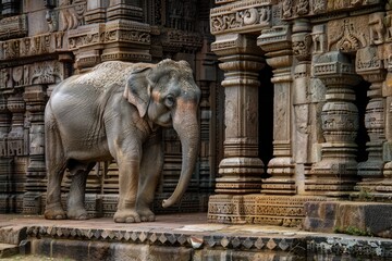 Indian Culture. Traditional Architecture and Elephant Figurines in Stone Building