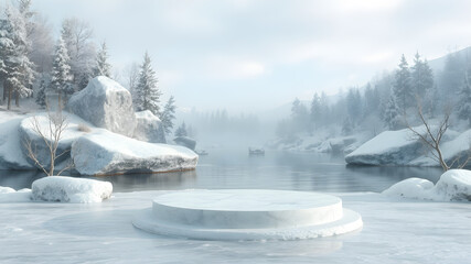 Background for cosmetic products. Modern product display on snow background with marble podium .marble podium on snow.