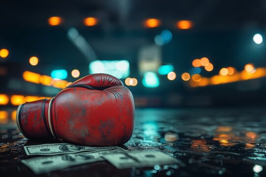 A red boxing glove rests on scattered dollar bills under moody lighting - Powered by Adobe