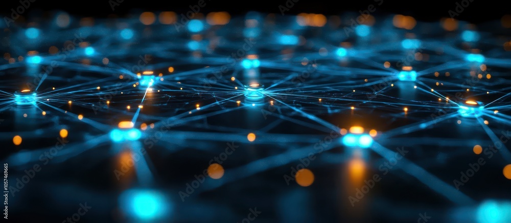 Poster abstract representation of a network with glowing nodes and connections.