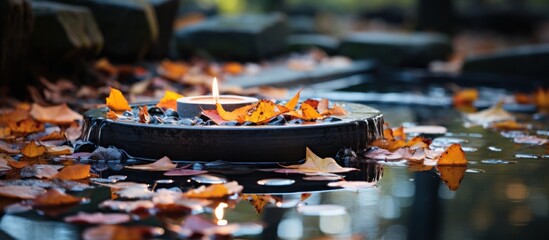 A serene scene featuring a floating candle surrounded by autumn leaves in still water.
