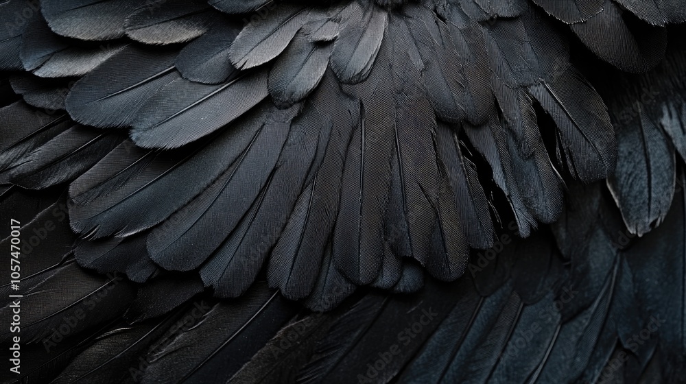 Poster close up of black wing feathers on an abstract dark background showcasing intricate feather texture