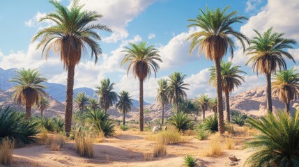 Fototapeta premium Desert landscape featuring palm trees in a warm arid environment