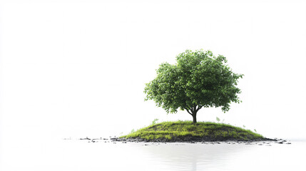 single green tree on an island in a calm lake against white background