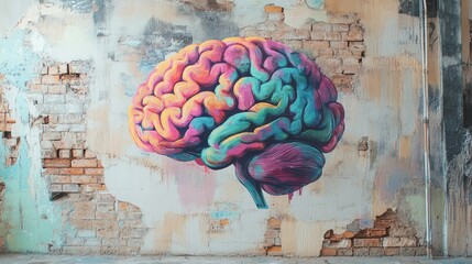 Vibrant brain illustration on a textured wall