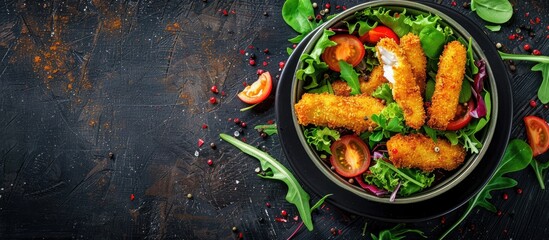 Salad Of Fish Sticks On Dark Wooden Rustic Background