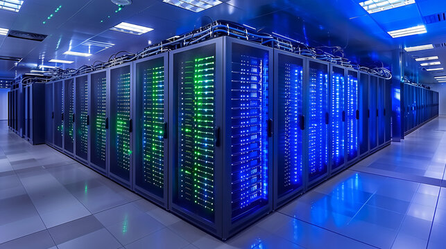 Sala de servidores en centro de datos iluminada en azul