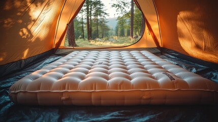 Air mattress inside a tent with a forest view.