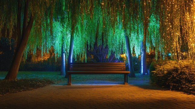 Bench surrounded by willow trees illuminated by LED lights