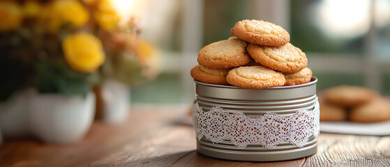 Nostalgic moment delightful cookies in a vintage tin with lace lining evoking fond memories of home baking