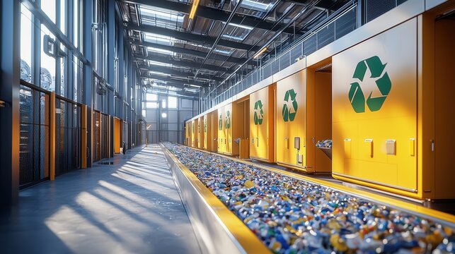A high-tech recycling center where AI-driven robots sort waste into categories, maximizing efficiency and sustainability. The advanced setup highlights the role of technology in protecting the 