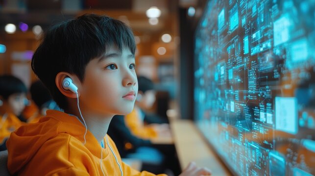 A multilingual classroom where students use real-time translation earbuds, enabling seamless conversation and learning across languages. The advanced tech fosters global communication and collaboratio