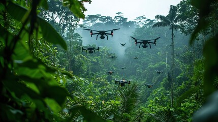 A nature conservation project using AI-driven drones to track animal populations in a rainforest, each drone sending data to researchers in real-time. The blend of technology and wildlife conservation