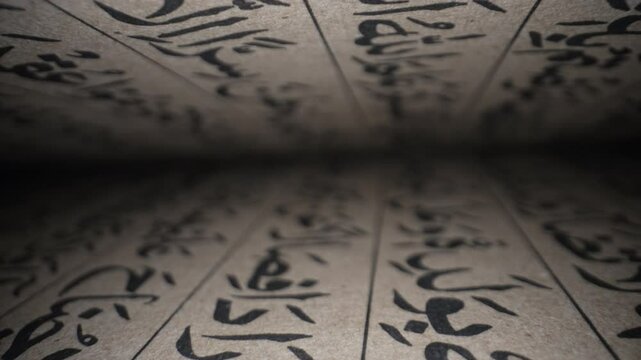 Old Vintage Handwritten Calligraphy Scriptures Of Muslim Holy Book. Exploring arabic heritage. Revered texts in macro. Holy Al Quran pages, old religious book.