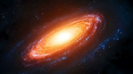 Naklejka premium The image shows a vast expanse of space with a swirling orange and red galaxy in the center, surrounded by a myriad of twinkling stars.