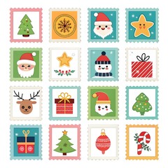 Stamps with Christmas Symbols Santa Claus and Snowman and Christmas tree