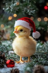 Chicken in a Santa Claus hat. Selective focus