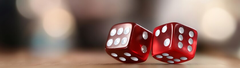 Close-up of red dice displaying different numbers on a wooden surface, creating a vibrant and playful scene for gaming or decision-making.