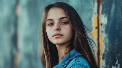 Fototapeta premium Woman with long brown hair and blue jeans is standing in front of a wall