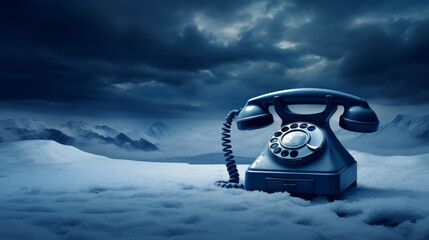 Retro telephone in the snow with mountains and clouds in the background, cold calling concept