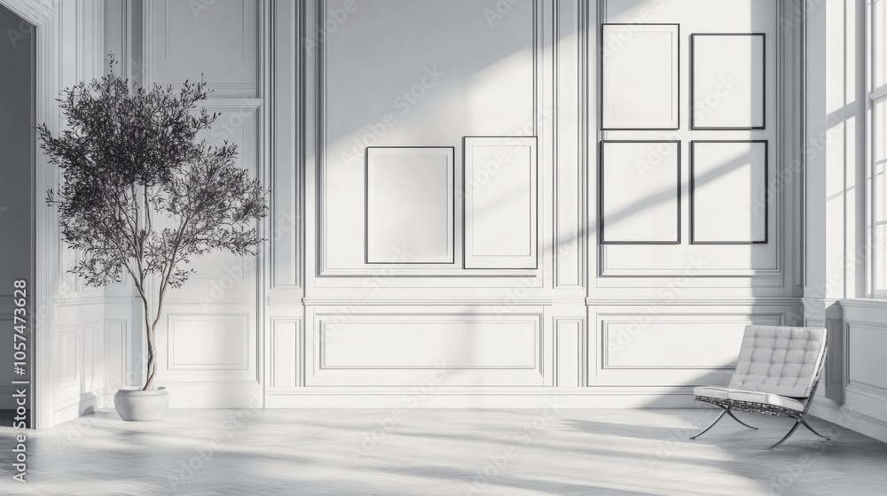 Poster a white room with a large tree in the corner and a chair in the middle