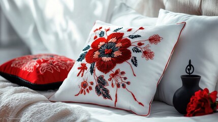 A white pillow with a red flower embroidered on it sits on a bed